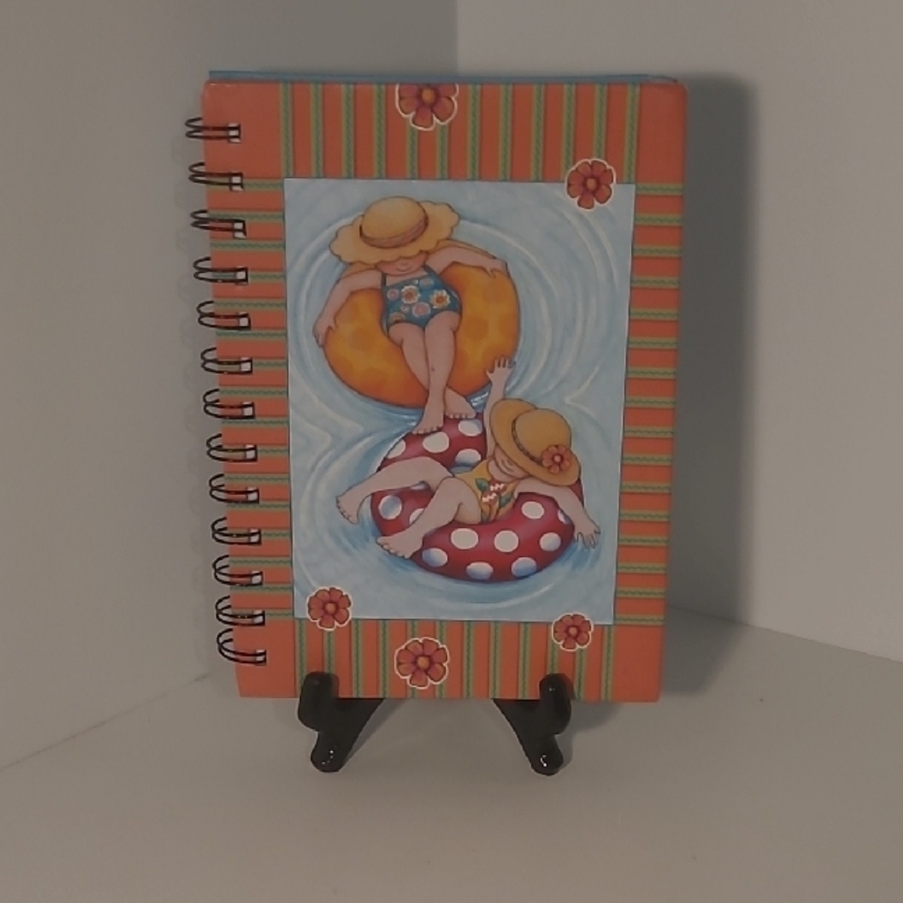 Striped Spiral Notebook with Beach Illustration